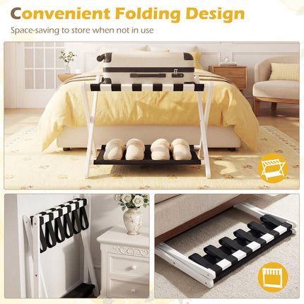 Rubberwood Folding Luggage Rack with Nylon Shelves, Black/White