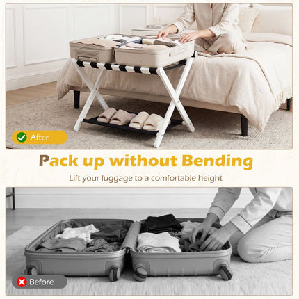Rubberwood Folding Luggage Rack with Nylon Shelves, Black/White