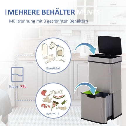 72L Sensor-Mülleimer aus Edelstahl, 3-fach unterteilt