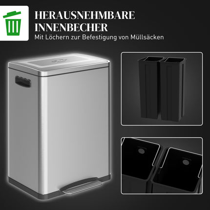 Edelstahl-Mülleimer 40L - Doppelte Soft-Close-Fächer