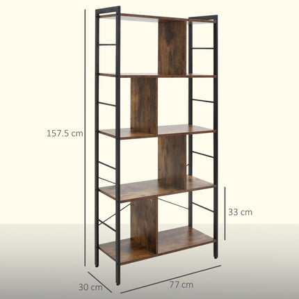 Rustic Brown 5-Tier Bookshelf, Metal Frame, 77x30x157.5 cm