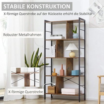 Rustic Brown 5-Tier Bookshelf, Metal Frame, 77x30x157.5 cm