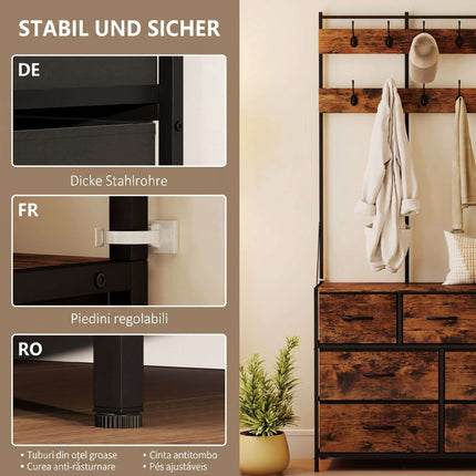 Rustic Brown Coat Rack with 14 Hooks and Fabric Drawers