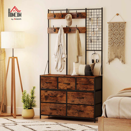 Rustic Brown Coat Rack with 14 Hooks and Fabric Drawers
