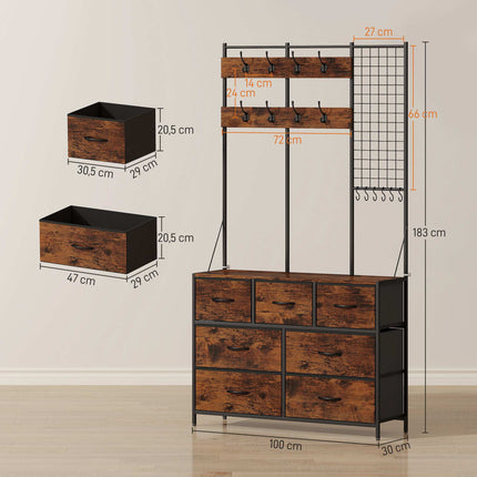 Rustic Brown Coat Rack with 14 Hooks and Fabric Drawers