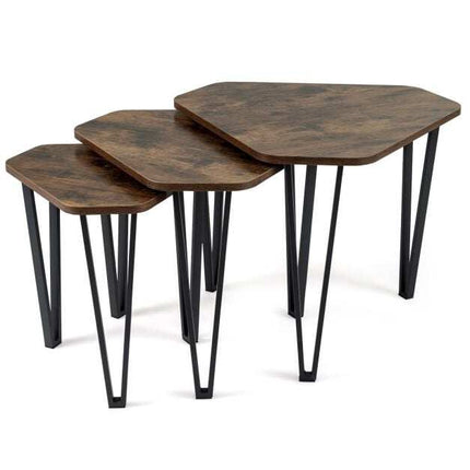 Rustic Brown Nesting Sofa Side Table Set with Metal Frame