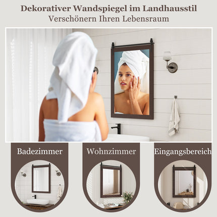 Rustic Rectangular Wall Mirror, Solid Wood Frame, 76x56 cm