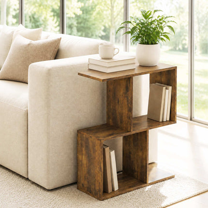 S-Shaped Side Table with 3 Tiers and 4 Compartments, Rustic Brown, Narrow