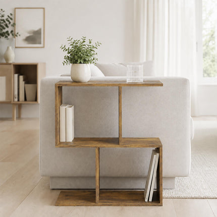 S-Shaped Side Table with 3 Tiers and 4 Compartments, Rustic Brown, Narrow