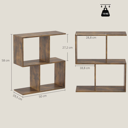 S-Shaped Side Table with 3 Tiers and 4 Compartments, Rustic Brown, Narrow