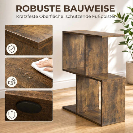 S-Shaped Side Table with 3 Tiers and 4 Compartments, Rustic Brown, Narrow