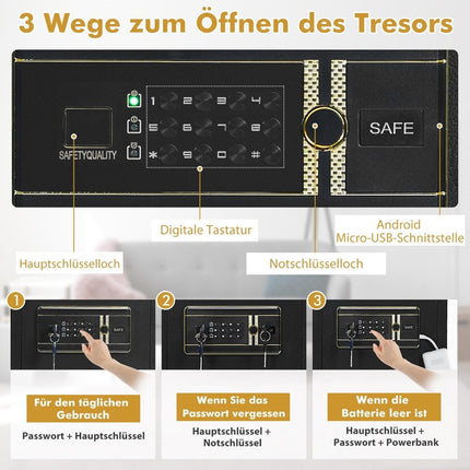 Tresor Elektronischer Tresorschrank mit digitaler Tastatur 45L Tresor Safe 36x31x41cm Schwarz
