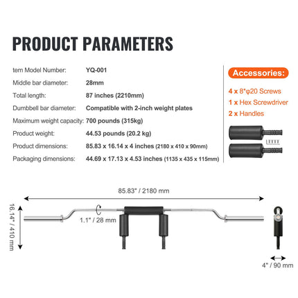 Safety Squat Bar, 700 lb Capacity, 28mm, Shoulder Pads