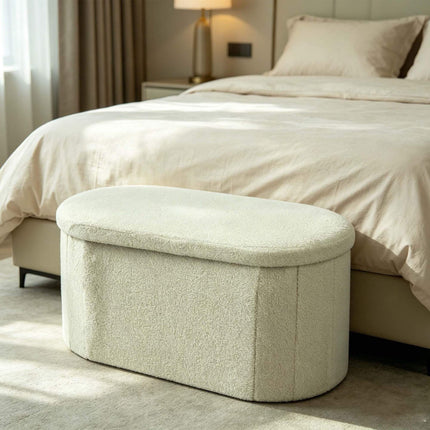 Sage Teddy Fabric Storage Bench – Oval Upholstered Seat