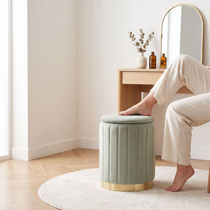Sage Velvet Storage Stool with Gold Metal Base