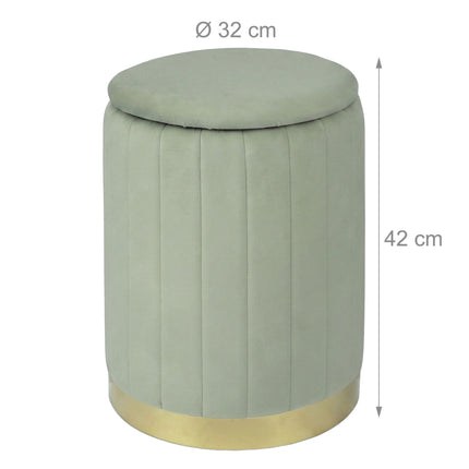 Sage Velvet Storage Stool with Gold Metal Base