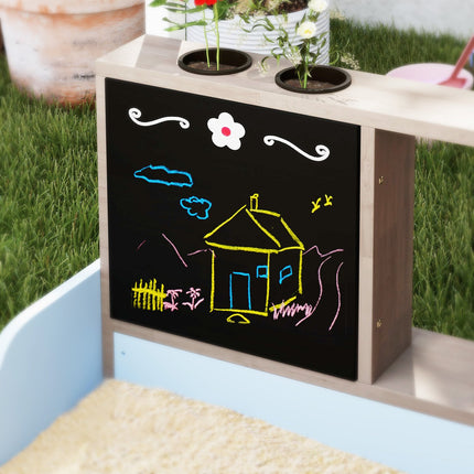 Wooden sandbox with roof and bench for children, 90x108 cm
