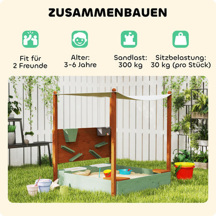 Holzsandkasten mit Sitzbank & Spielzeug, 116 x 112,5 cm, grün