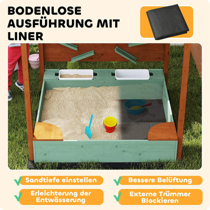 Holzsandkasten mit Sitzbank & Spielzeug, 116 x 112,5 cm, grün