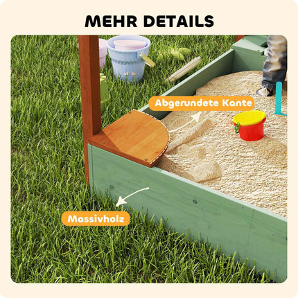 Holzsandkasten mit Sitzbank & Spielzeug, 116 x 112,5 cm, grün