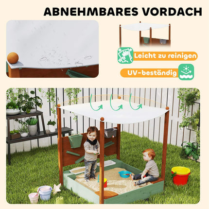 Holzsandkasten mit Sitzbank & Spielzeug, 116 x 112,5 cm, grün