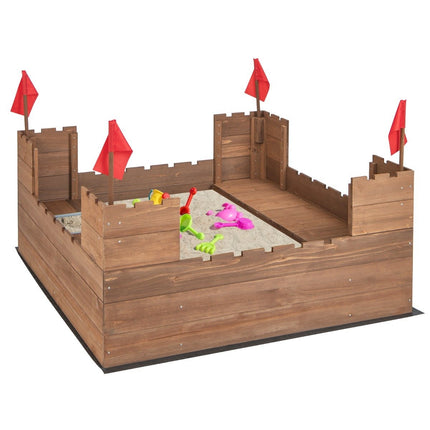 Zandbak met opbergvakken en vlaggetjes, houten zandbak voor 1-2 kinderen vanaf 3 jaar, 113 x 116 cm