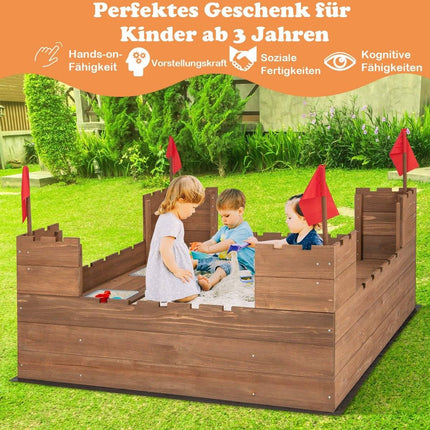 Zandbak met opbergvakken en vlaggetjes, houten zandbak voor 1-2 kinderen vanaf 3 jaar, 113 x 116 cm