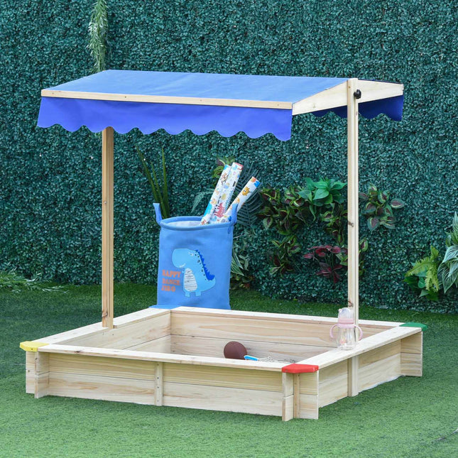Kindersandkasten aus naturbelassenem Tannenholz mit Kurbeldach, 120x120cm