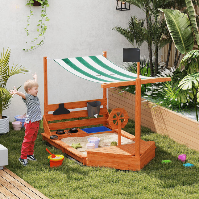 Großer Sandkasten aus Holz mit Deckel und Spielküche