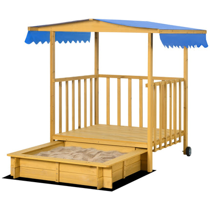 Hölzernes Sandkasten-Spielhaus mit Dach, Rädern, für 3-8 Jahre
