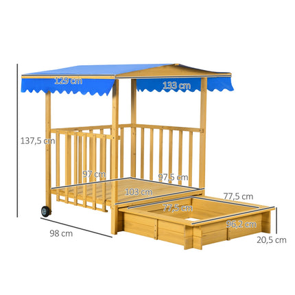 Hölzernes Sandkasten-Spielhaus mit Dach, Rädern, für 3-8 Jahre