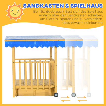 Hölzernes Sandkasten-Spielhaus mit Dach, Rädern, für 3-8 Jahre