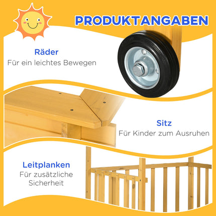 Hölzernes Sandkasten-Spielhaus mit Dach, Rädern, für 3-8 Jahre