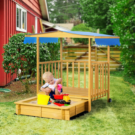 Hölzernes Sandkasten-Spielhaus mit Dach, Rädern, für 3-8 Jahre