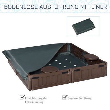 Brauner Kindersandkasten mit Deckel, 4-Sitzer, 123x123x21cm