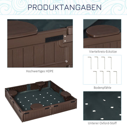 Brauner Kindersandkasten mit Deckel, 4-Sitzer, 123x123x21cm