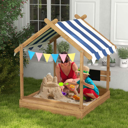 Holzsandkasten mit Dach und Sitzbank, 124x116x146cm, 3-7 Jahre