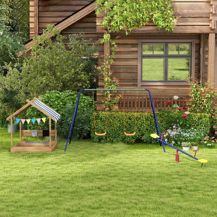 Holzsandkasten mit Dach und Sitzbank, 124x116x146cm, 3-7 Jahre