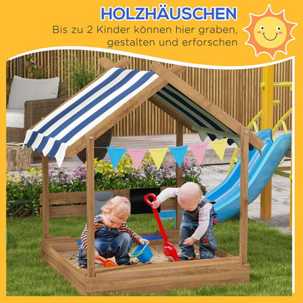 Holzsandkasten mit Dach und Sitzbank, 124x116x146cm, 3-7 Jahre