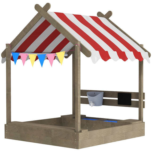Holzsandkasten mit Dach und Sitzbank, 124x116x146 cm, Grau