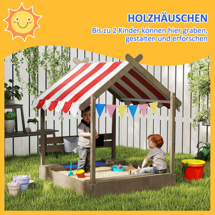 Holzsandkasten mit Dach und Sitzbank, 124x116x146 cm, Grau