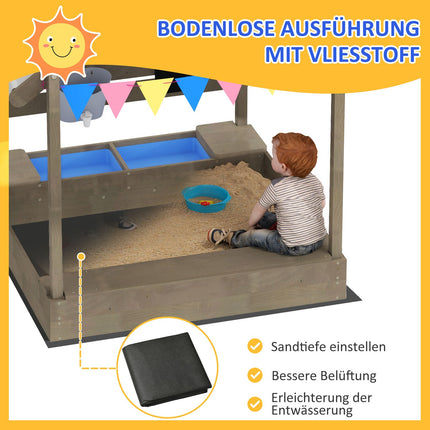 Holzsandkasten mit Dach und Sitzbank, 124x116x146 cm, Grau