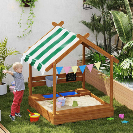 Holzsandkasten mit Sitzbank und Dach, 124x116x146 cm für Kinder
