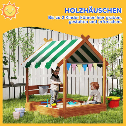 Holzsandkasten mit Sitzbank und Dach, 124x116x146 cm für Kinder