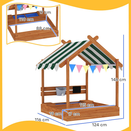 Holzsandkasten mit Sitzbank und Dach, 124x116x146 cm für Kinder