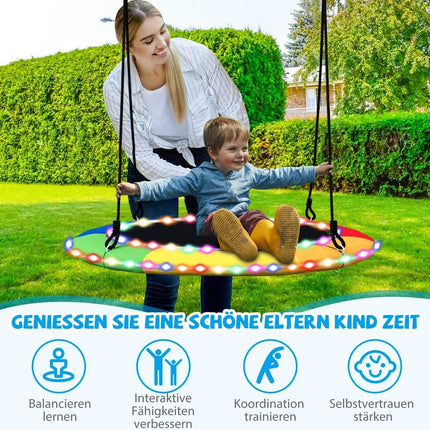 Tellerschaukel mit 100 cm Durchmesser belastbar bis 300 kg LED-Schaukel für Kinder &amp; Erwachsene Regenbogenfarbe