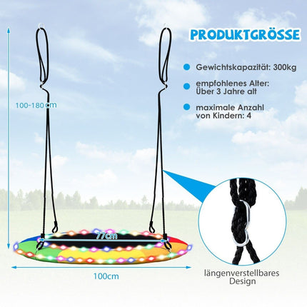 Tellerschaukel mit 100 cm Durchmesser belastbar bis 300 kg LED-Schaukel für Kinder &amp; Erwachsene Regenbogenfarbe