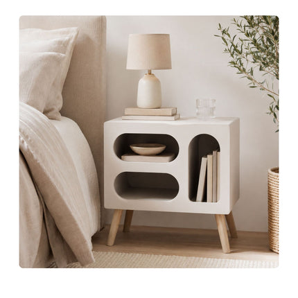 Scandinavian Bedside Table, White Pine, 3 Oval Shelves