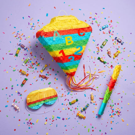 Schultüten-Piñata-Set – Schlagstock und Augenbinde inklusive