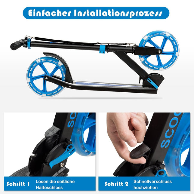 Cityroller faltbar Tretroller höhenverstellbar 100 kg Tragkraft Kick-Scooter mit 2 LED-Rädern blau